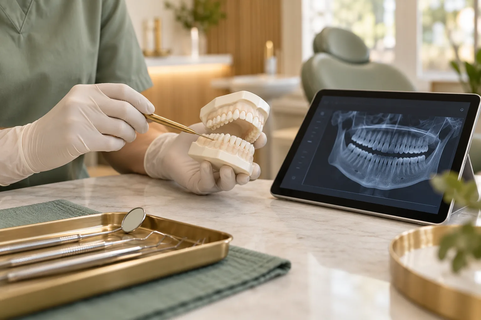 Dental professional explaining a tooth model